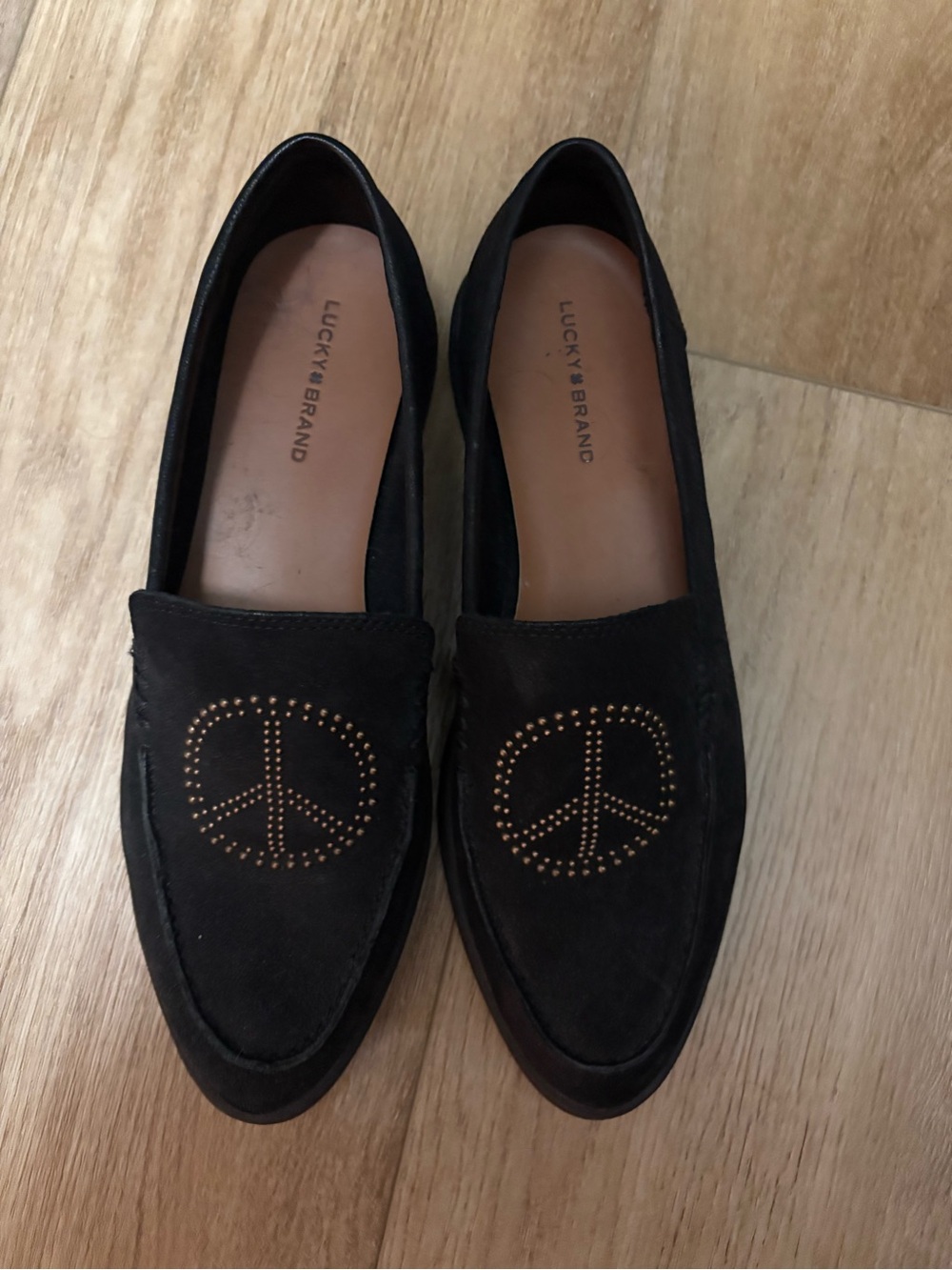 Lucky Brand Black Suede Loafers with Studded Peace Sign